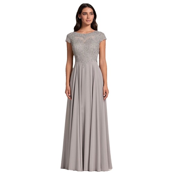 Women’s Evening Gown XL Gray Chiffon Sequin Beaded Wedding Event - Picture 1 of 11